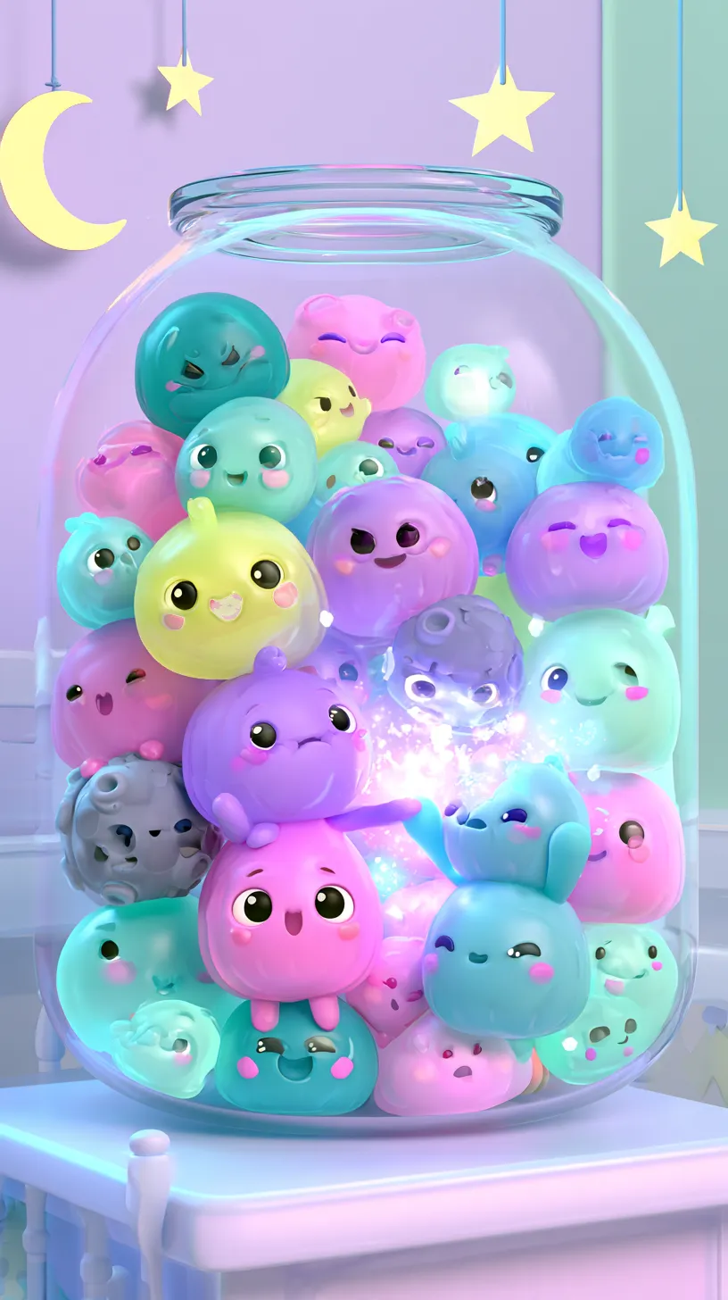 A glass jar on a shelf, packed with smiling jelly creatures in pink, lemon, mint, blue and lilac