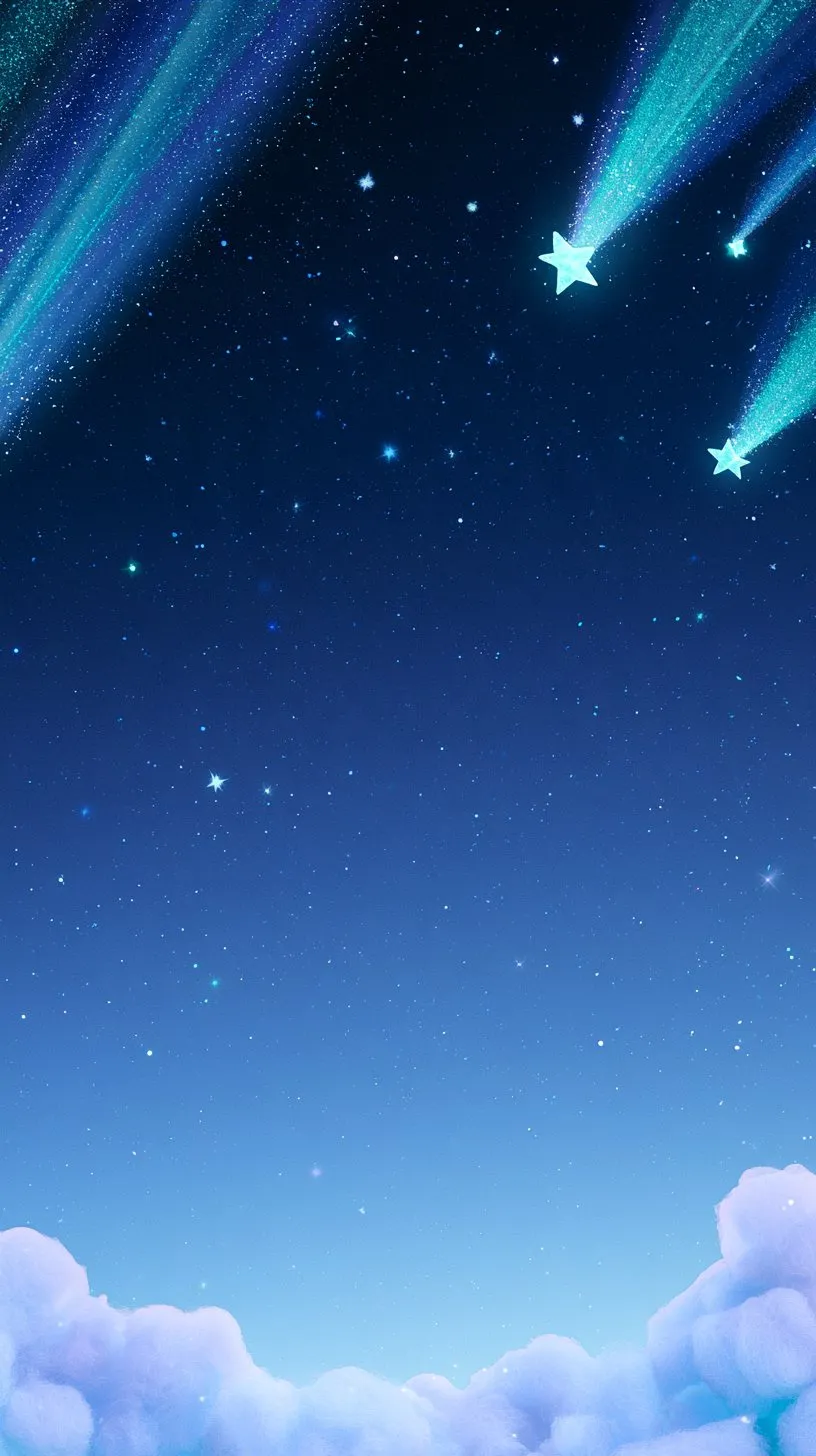 A deep blue night sky with teal comets over soft clouds