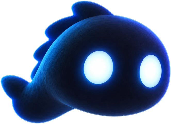 The Eel, a long dark spark with a fin and wide blue eyes