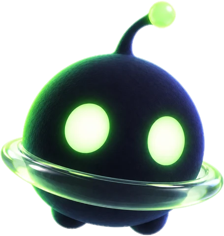 The Visitor, a dark spark with green eyes, an antenna and a glass ring