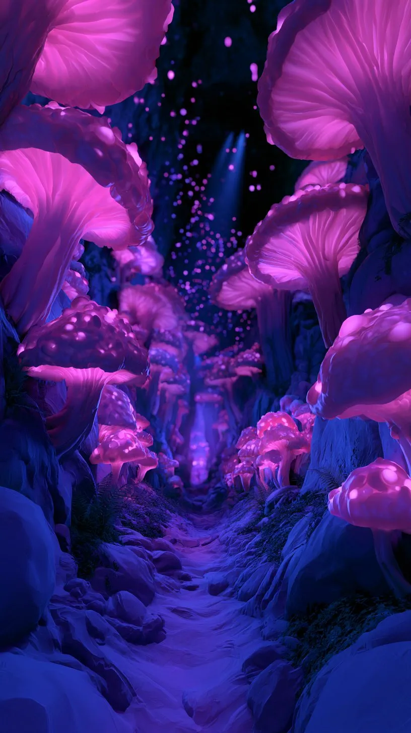 Giant pink glowing mushrooms over a dark blue cave path