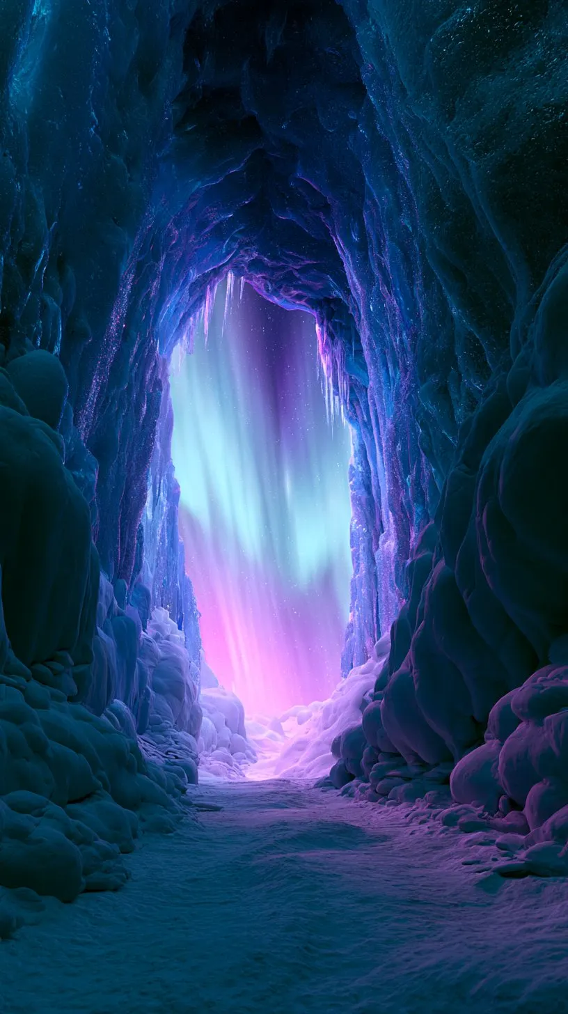 A cave mouth filled with pink and teal aurora light