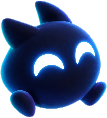 Mote, a round dark spark with two glowing eyes, smiling