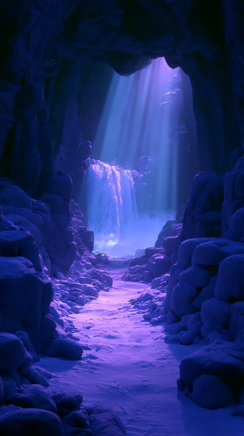 A violet cave shaft with a waterfall of light
