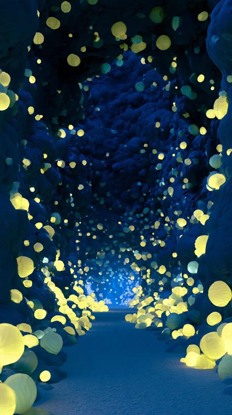 A dark tunnel dotted with hundreds of small lemon-yellow lights