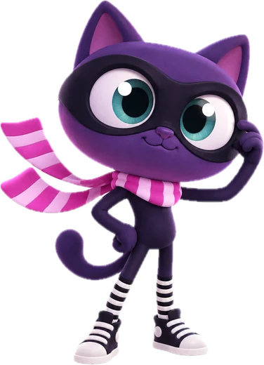Agent Plum the purple cat, one paw to her mask