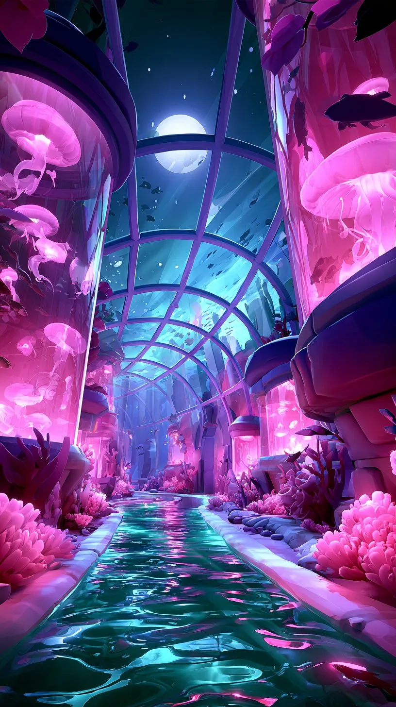 A glass tunnel through a glowing pink and teal aquarium