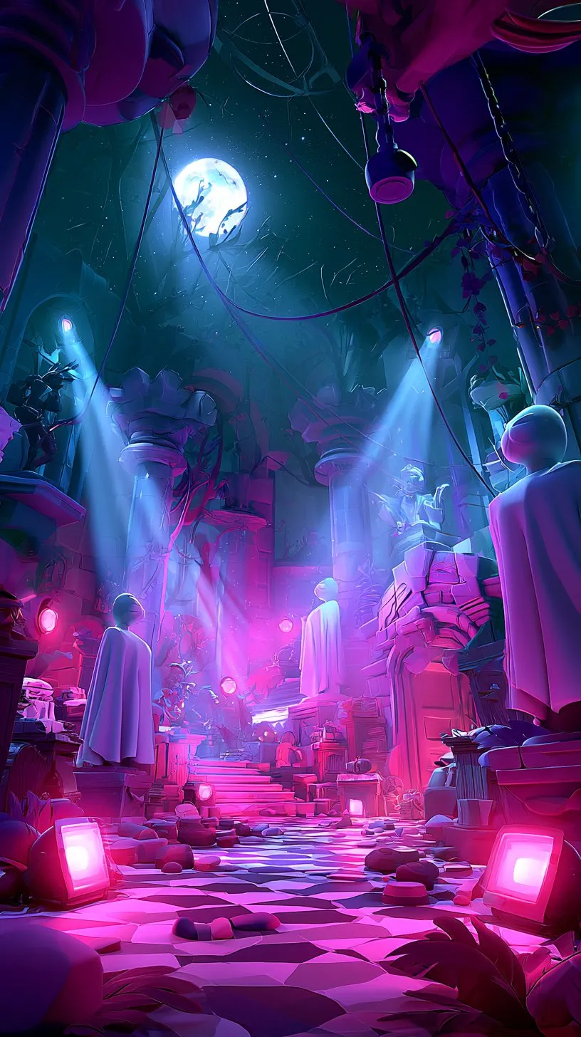 A dark gallery lit only by blue spotlights and pink lamps