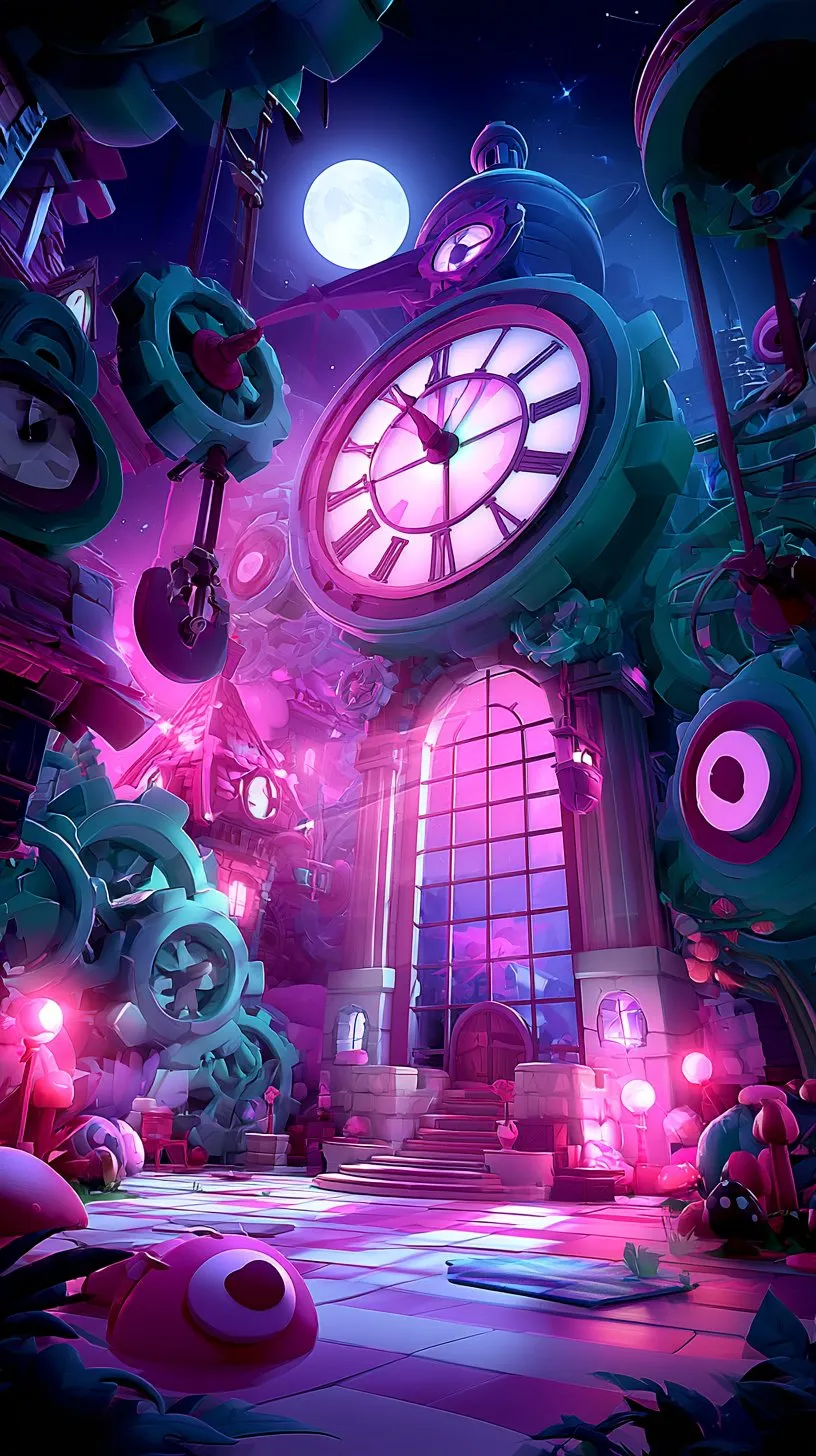 The inside of a clocktower with a huge glowing clock face and gears