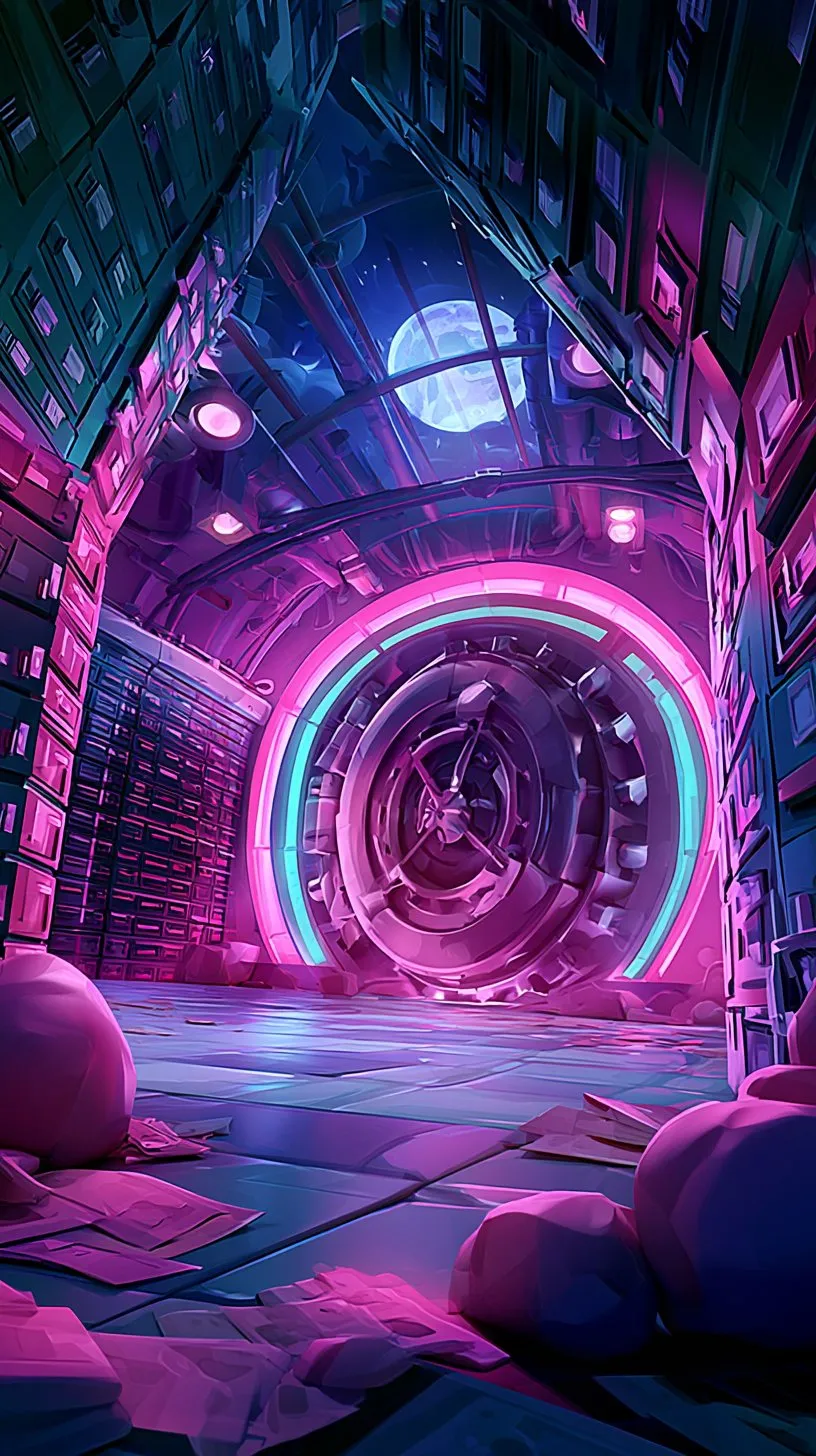 A round vault door glowing teal at the end of a corridor