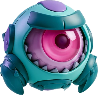 A round teal security robot with one large pink eye