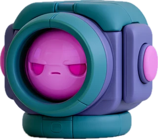 A teal laser emitter with a sleepy pink face