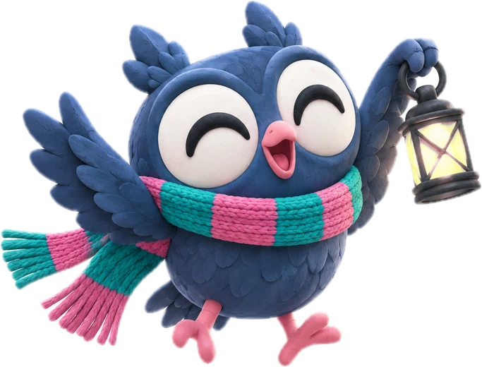 Orion the owlet, laughing, with a striped scarf and a lantern