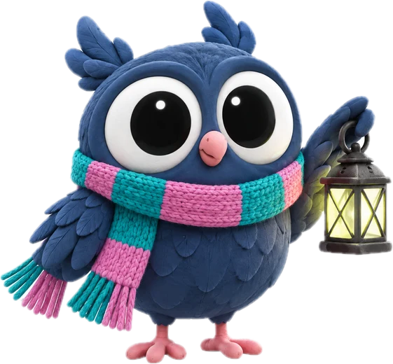 Orion the owlet standing with his lantern
