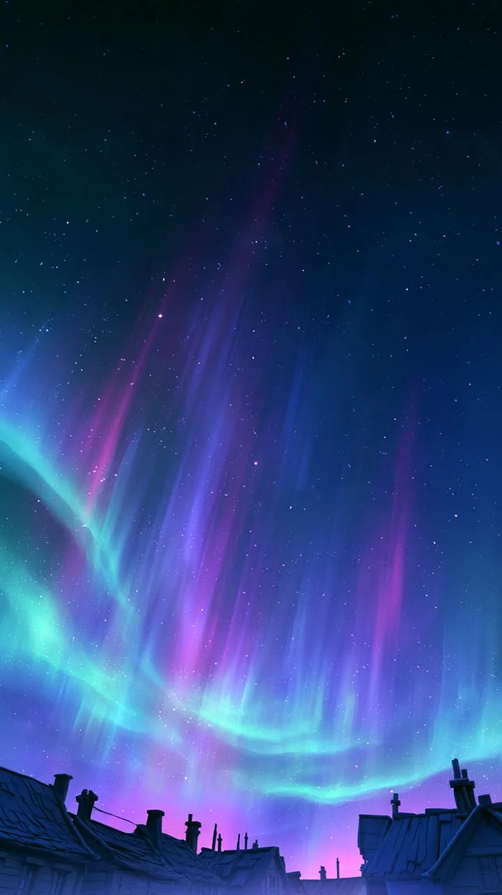 Green and violet aurora ribbons over a deep blue night sky