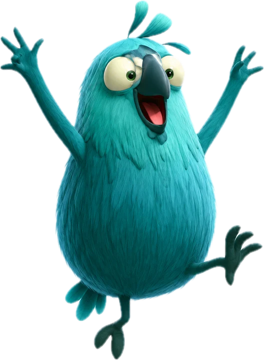 Hi the teal bird cheering with both arms up