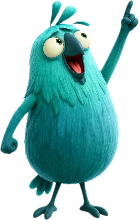 Hi, a tall teal bird with googly eyes, pointing up for higher