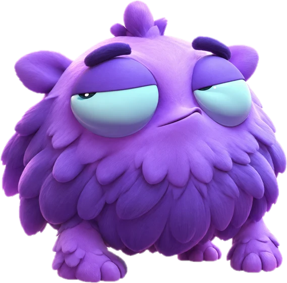 A round purple grump with heavy eyelids, looking unimpressed