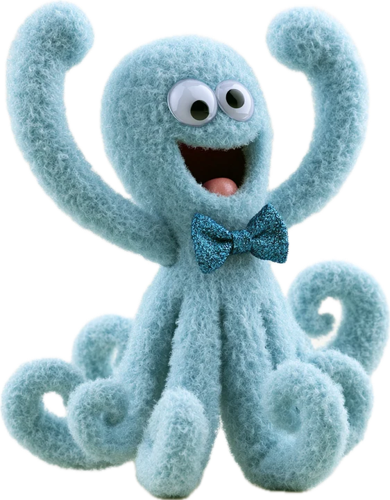 Dot, a pale blue octopus in a bow tie