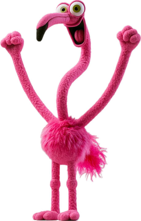 Flo, a pink flamingo host with her wings in the air