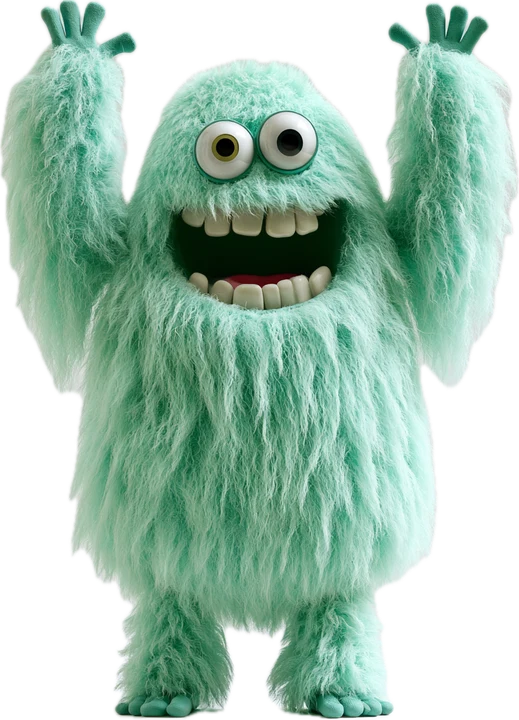 Moss, a mint-green furry monster with arms raised