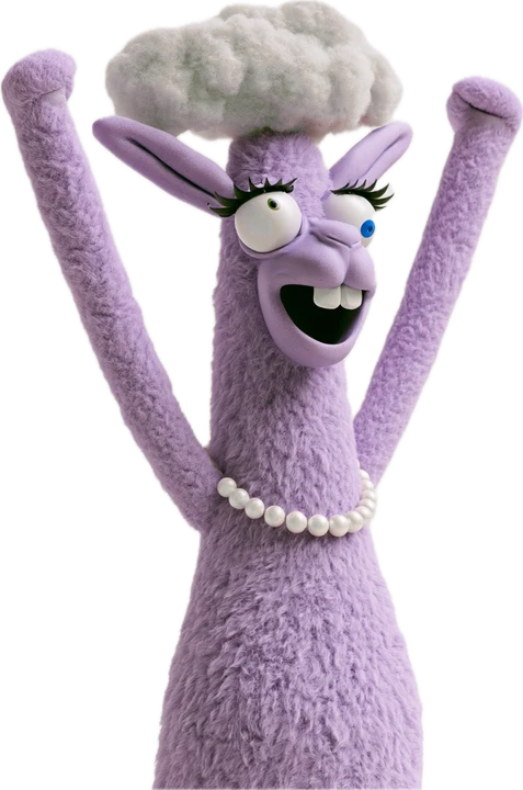 Pearl, a lilac llama in a pearl necklace