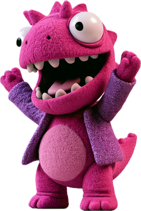 Rex, a small pink dinosaur cheering