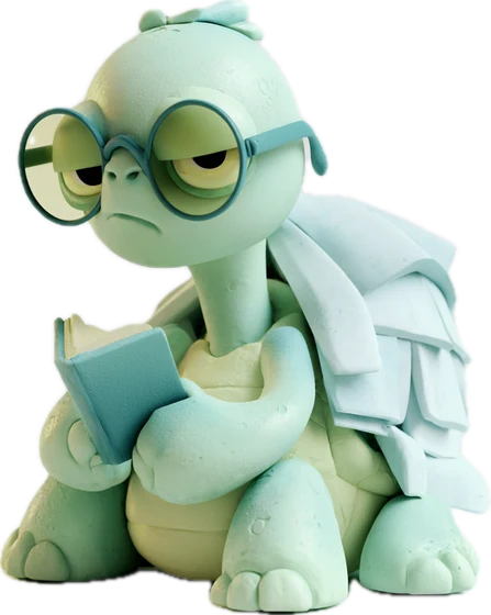 Cite, a mint-green tortoise in round glasses, reading