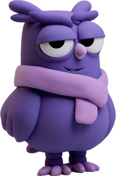 Hoot, a violet owl with a scarf and a flat stare