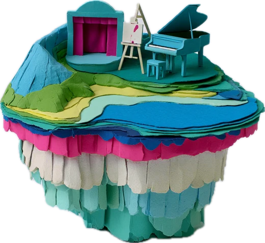 A floating paper island with a little theatre and a piano