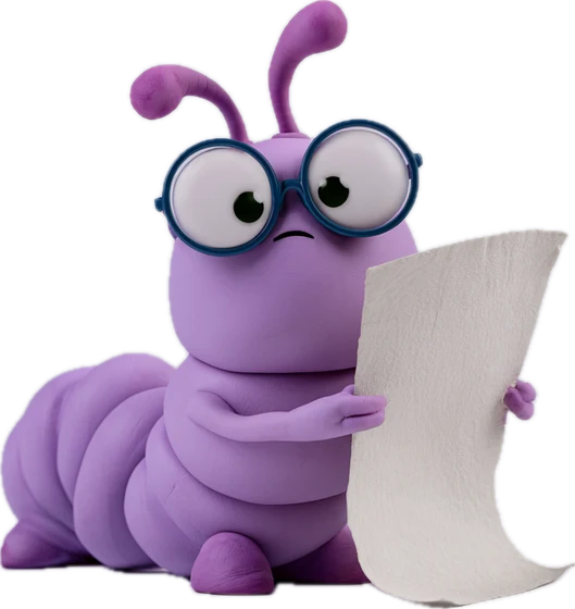 Stub, a lilac bookworm in glasses holding a sheet of paper