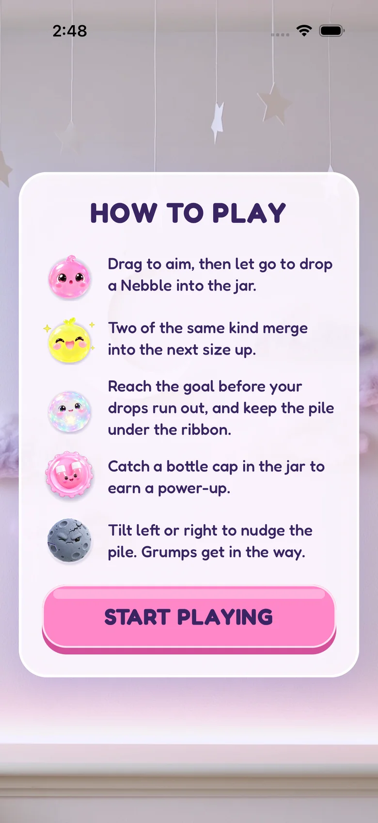 The how-to-play card: drag to aim and drop, two of a kind merge, reach the goal before the drops run out, catch bottle caps, tilt to nudge