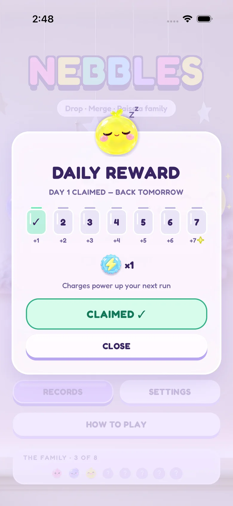 The Daily Reward: seven days of power-up charges, with day one claimed