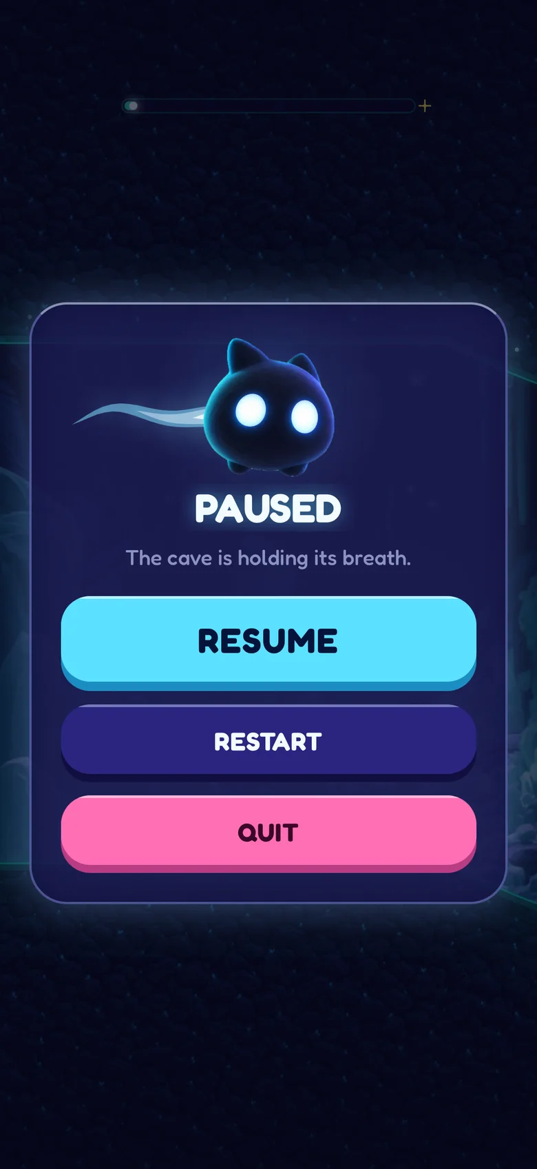 The pause screen: Mote above the word Paused, with Resume, Restart and Quit