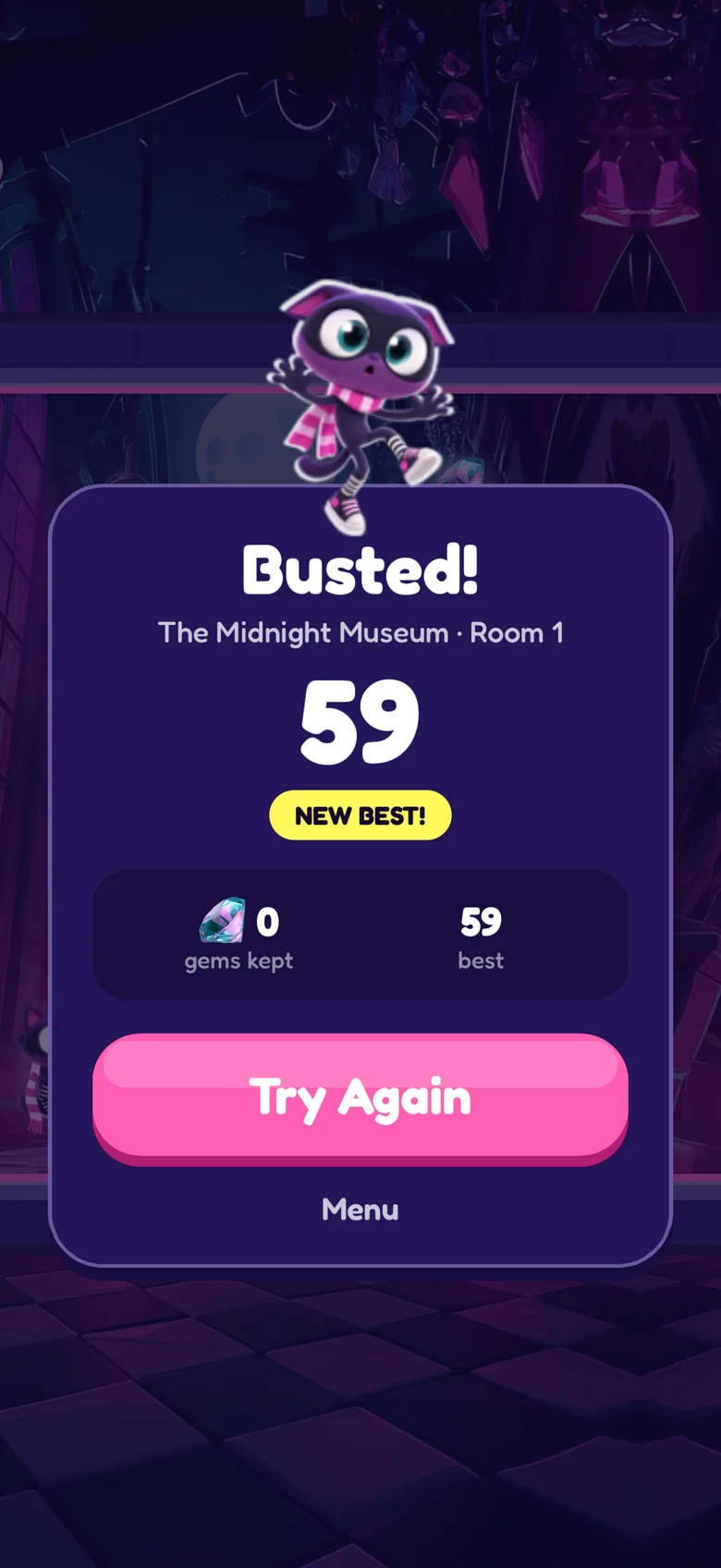 The end of a run: Agent Plum caught, a score of 59 marked as a new best, and a Try Again button