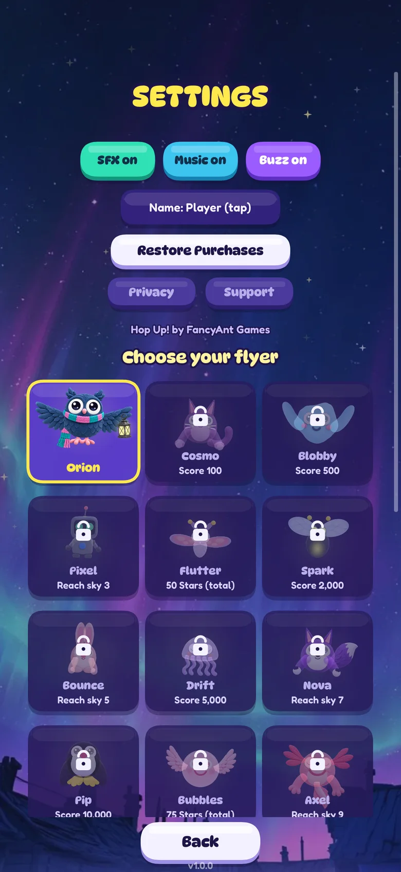 The flyer picker in Settings: Orion selected, with Cosmo, Blobby, Pixel, Flutter, Spark and more still locked