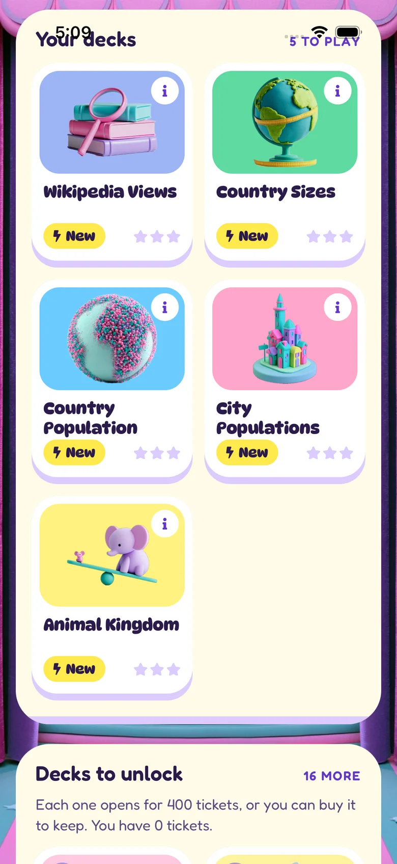 The deck shelf: Wikipedia Views, Country Sizes, Country Population, City Populations and Animal Kingdom ready to play, and sixteen more to unlock