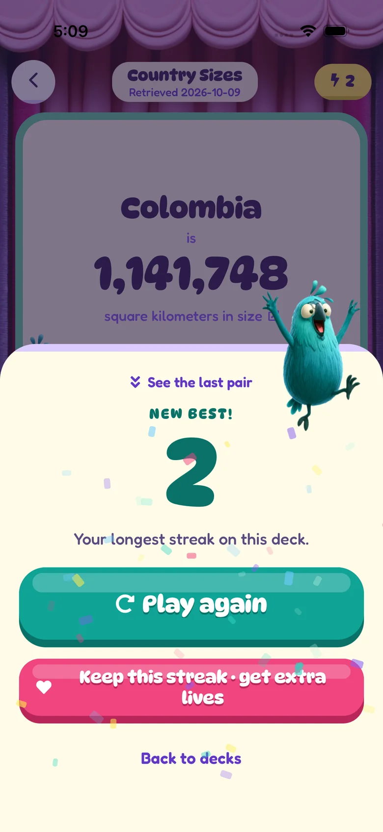 The end of a run: Hi leaps beside a new best streak of 2, with a Play again button and one to keep the streak with extra lives