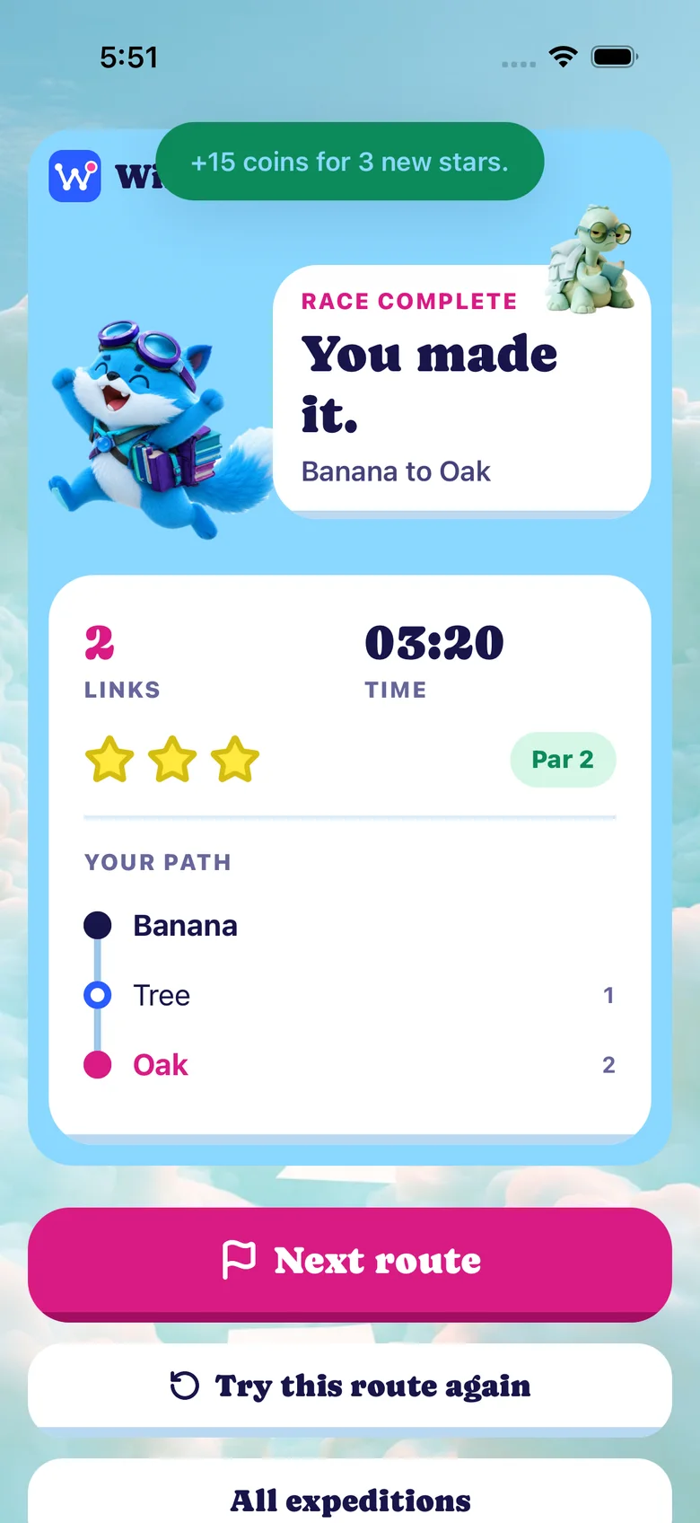 The result screen: Banana to Oak in two links and three minutes twenty, three stars, level with par
