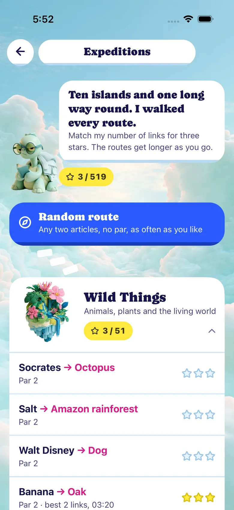 The Expeditions screen: Cite the tortoise says Ten islands and one long way round, above the Wild Things routes, such as Socrates to Octopus